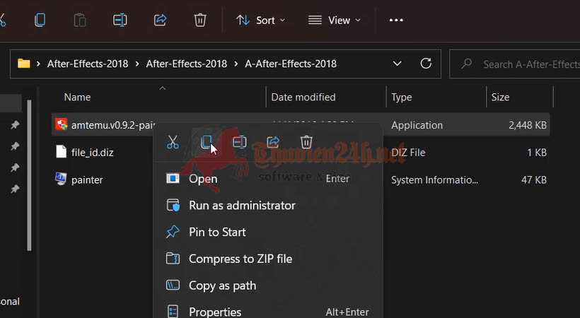 Copy File amtemu.v0.9.2-painter để tiến hành kích hoạt After Effects 2018.